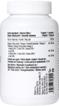 Tył białej butelki suplementu Vilgain Omega-3 Premium, z etykietą zawierającą tabelę składników aktywnych: Omega-3, EPA, DHA.
