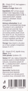 Vilgain Witamina D3+K2 30ml, szczegółowa tylna etykieta z listą składników EN/CZ i kodem kreskowym.