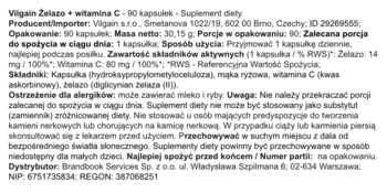 Tył opakowania suplementu Vilgain Żelazo + Witamina C. Szczegółowa etykieta produktu z opisem i składem.
