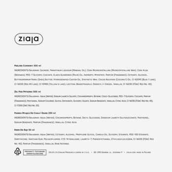 Tył opakowania/etykieta Ziaja z czarnym logo i listami składników ananasowego żelu, mydła, musu i kremu do rąk.