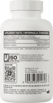 Tył białej butelki suplementu OstroVit Glicynian Magnezu 400mg z etykietą, kodem QR i certyfikatem ISO.