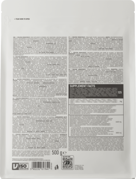 Tył białego foliowego opakowania OstroVit Monohydrat Kreatyny 500 g z informacjami o składnikach i kodem QR.