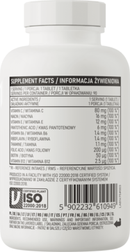 Tył białej butelki OstroVit Witamina B Complex 90 tabletek z etykietą, widoczne informacje żywieniowe.