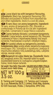 Tył opakowania herbaty liściastej Earl Grey, czarnej z bergamotką (1%), 100g, z listą składników i adresem.