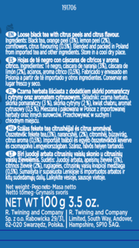 Tył opakowania herbaty liściastej R. Twining 100g o smaku cytrusowym, ze skórką pomarańczy i cytryny.