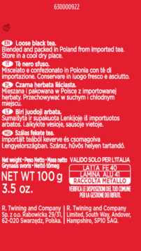 Widok z tyłu czerwonego opakowania herbaty czarnej liściastej Twining z opisami i wagą 100g / 3.5 oz.