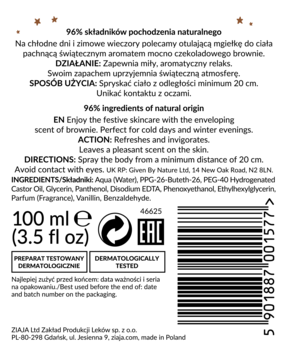 Tył mgiełki do ciała Ziaja o zapachu brownie 100ml, z informacją o 96% naturalnych składnikach.
