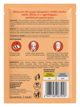 Tył opakowania Isana Paw-fectly Cozy płatków pod oczy z opisem działania, składnikami i kodem kreskowym.