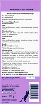 Tył fioletowego opakowania Winston kremowa przekąska dla kotów, 128g, z opisem składu puddingu waniliowego/słodowego.