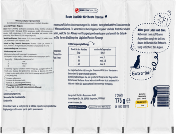 Tył białego opakowania Pedigree Dentastix 175g, przysmaków dentystycznych dla psa, z tabelą żywieniową i składem.
