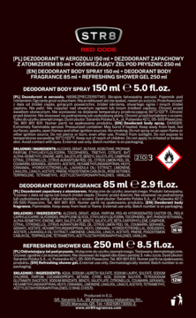 Tylna strona opakowania zestawu STR8 Red Code: dezodorant, żel, zapach. Ciemno-czerwone tło, biały tekst.