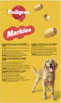 Pedigree Markies, chrupiące ciasteczka dla psów, na żółtym tle, z psem rasy golden retriever i tekstem promocyjnym.