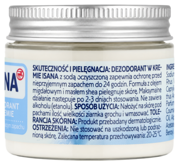 Tył białego słoiczka dezodorantu w kremie ISANA z sodą oczyszczoną. Widoczny szczegółowy opis i sposób użycia.