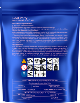 Tył niebieskiego opakowania dmuchanego koła Pool Party XXL, z instrukcją i ostrzeżeniami bezpieczeństwa.