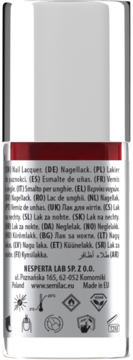 Tył lakieru Semilac 125 Shiny Red w srebrnej butelce, czerwony płyn, etykieta z opisem i symbolami.