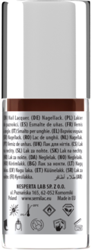 Tył lakieru Semilac 124 Chestnut w odcieniu mlecznej czekolady, z etykietą i ostrzeżeniami.