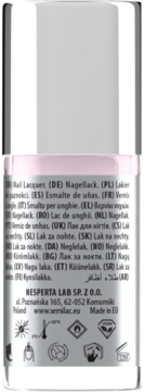 Tył butelki Semilac Blur Base, lakier do paznokci. Widoczne multijęzyczne nazwy, dane producenta i piktogramy.
