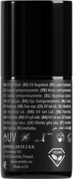 Tył czarnej butelki Semilac UV Gel Polish z wielojęzyczną etykietą, piktogramami i logo VEGAN.
