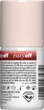 Tył butelki lakieru Semilac Easy Off LED, biała, czerwona etykieta, logo Vegan i napisy info.