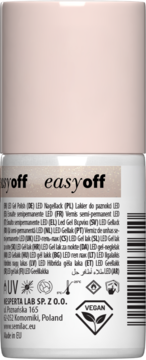 Tył butelki Semilac Easy Off LED Gel Polish Milky Dust, jasnoróżowa z białym dołem, widoczne instrukcje i logo Vegan.