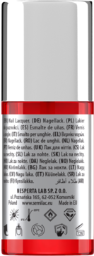 Tył butelki Semilac Top Do Lakierów Klasycznych Nail Lacquer Instant Dry, czerwono-srebrna, z informacjami o produkcie i symbolami.