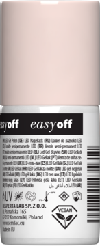Tył białej butelki Semilac Easy Off LED Gel Polish z bladoróżową nakrętką, logo Vegan i opisem w wielu językach.