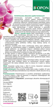BOPON Orchid Booster, aktywator pędów kwiatowych. Widok z przodu białej etykiety z różowymi storczykami.