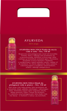 Czerwone opakowanie zestawu Ayurveda Skin Yoga: pianka do mycia ciała i olejek, 150ml.