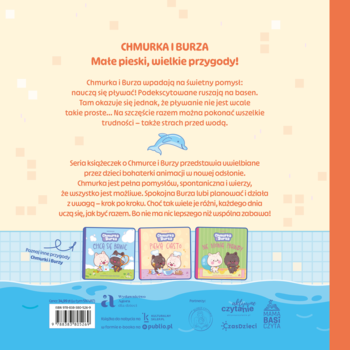 Tył okładki książki dla dzieci Chmurka i Burza. Opis fabuły o pieskach, widok ilustracji z innymi tomami serii.
