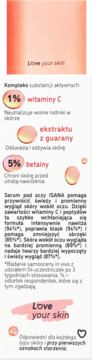 Serum pod oczy ISANA, białe opakowanie z pomarańczowym gradientem. Opis 1% witaminy C, guarany i 5% betainy.