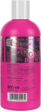 Różowy szampon Grow Power 300 ml, tył butelki z kodem QR, składnikami i obietnicami wzrostu włosów.