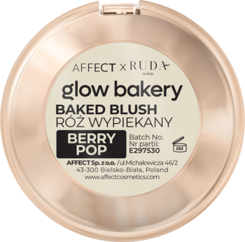 Złoty okrągły kompakt wypiekanego różu Affect x Ruda Glow Bakery Berry Pop, widok z góry.