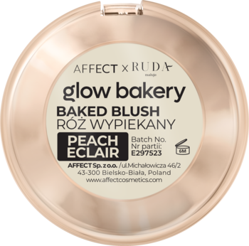 Okrągły, złoty kompakt z wypiekanym różem Affect x Ruda Glow Bakery Peach Eclair, widok z góry.