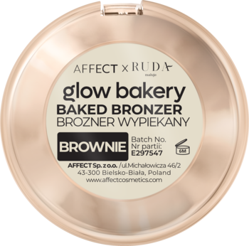 Jasnozłoty, okrągły bronzer Affect x Ruda Glow Bakery Brownie, widok z góry, z napisem Baked Bronzer.