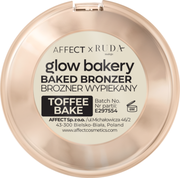Okrągły wypiekany bronzer Affect x Ruda Glow Bakery Toffee Bake w złotym kompakcie, widok z góry.