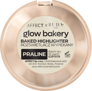 Złoty, okrągły, zamknięty wypiekany rozświetlacz Affect x Ruda Maluje Glow Bakery Praline, widok z przodu.