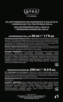 Tył czarnego opakowania zestawu STR8 ORIGINAL dla mężczyzn: roll-on, żel pod prysznic, widoczny skład.
