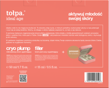 Zestaw Tołpa Ideal Age: krem ujędrniający, krem pod oczy filler i różowa podróżna szkatułka na biżuterię, tył opakowania.