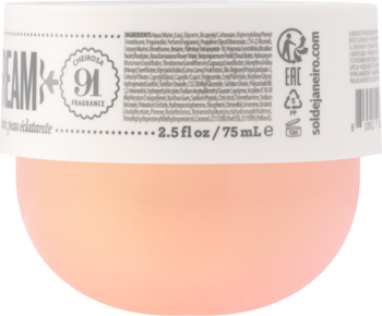 Krem do ciała Sol de Janeiro w białym opakowaniu, widok z tyłu z listą składników i pojemnością 75 ml.