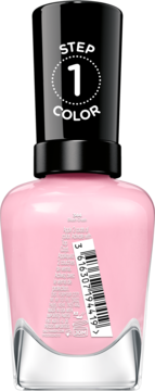 Sally Hansen Miracle Gel Supercharged Pinks: jasnoróżowy lakier. Tył butelki z kodem i napisem STEP 1 COLOR.