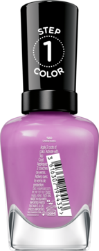 Tył butelki fioletowego lakieru Sally Hansen Miracle Gel, z czarną nakrętką "STEP 1 COLOR", widoczny kod kreskowy.