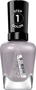 Tył butelki lakieru Sally Hansen Miracle Gel, kolor szaroliliowy, z kodem kreskowym i napisem 'STEP 1 COLOR' na zakrętce.