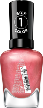 Tył butelki różowego, lśniącego lakieru Sally Hansen Miracle Gel. Na zakrętce 'STEP 1 COLOR', na dole kod.