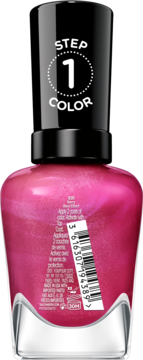 Tył różowego, brokatowego lakieru Sally Hansen Miracle Gel. Na czarnej zakrętce widnieje biały napis 'STEP 1 COLOR'.