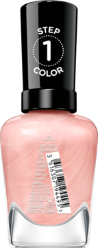 Tył butelki lakieru Sally Hansen Miracle Gel w jasnoróżowym odcieniu, z czarną nakrętką STEP 1 COLOR i kodem kreskowym.