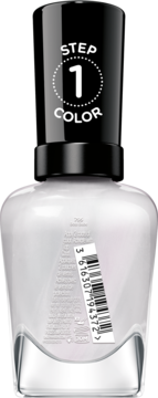 Sally Hansen Miracle Gel, biały lakier żelowy, tył butelki z kodem kreskowym i napisem 'STEP 1 COLOR'.