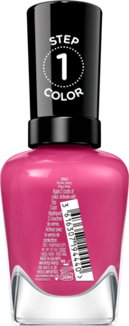 Tył butelki Sally Hansen Miracle Gel, intensywny różowy lakier do paznokci, kod kreskowy i „STEP 1 COLOR” na zakrętce.