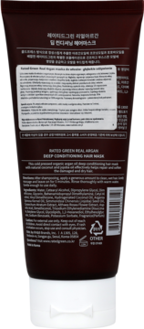 Tył ciemnobrązowej tuby maski Rated Green Real Argan Deep Conditioning, z listą składników.
