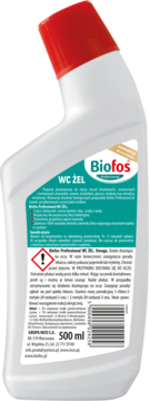 Biofos WC ŻEL, biała butelka z czerwoną nakrętką, widok z tyłu z etykietą i kodem kreskowym, 500 ml.