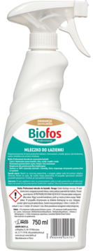 Biały spray Biofos Professional Mleczko do Łazienki 750ml, do szkła i ceramiki, widok z przodu.
